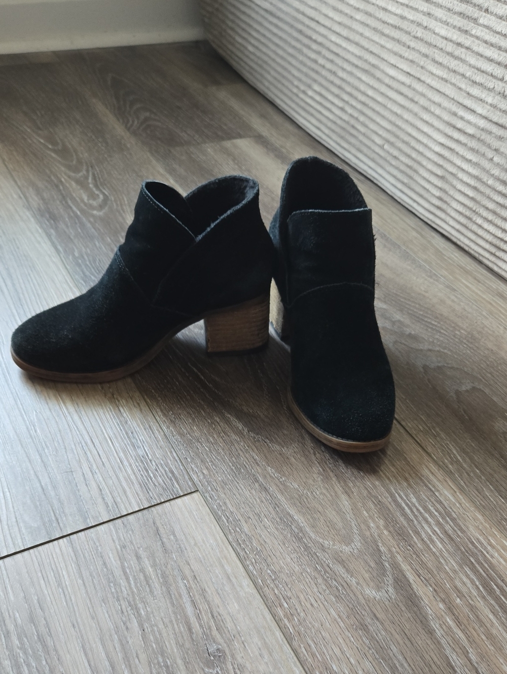 BearPaw Black Suede Ankle Booties with Wood Stacked Heel